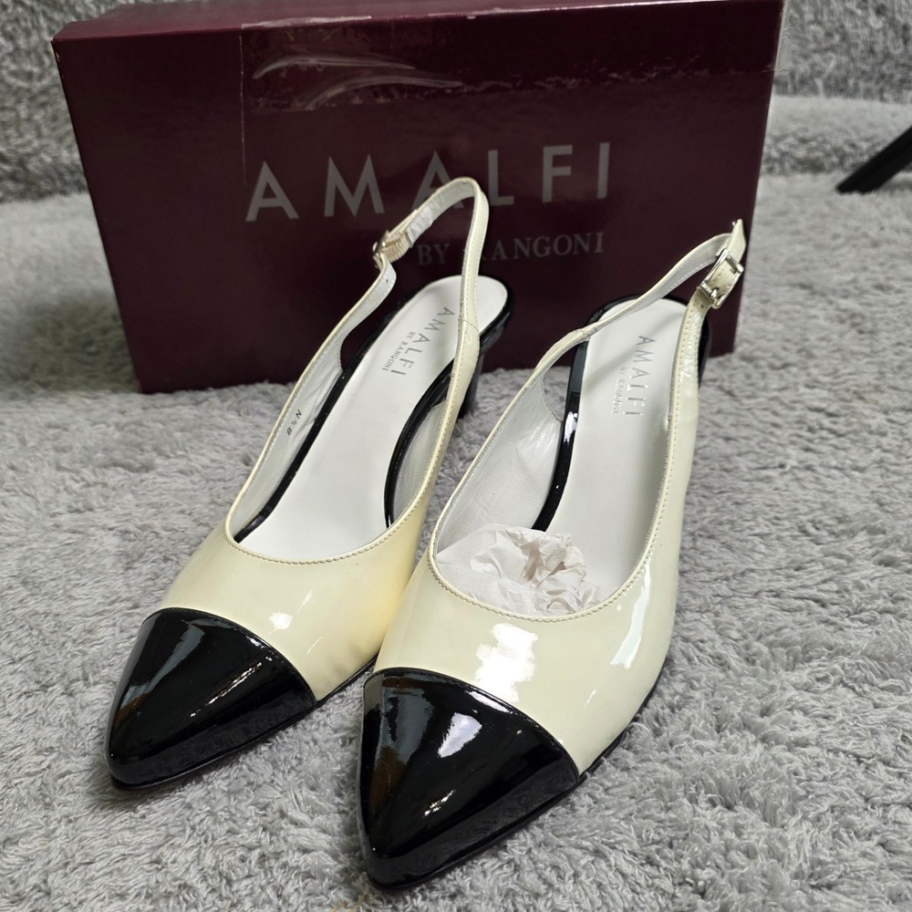 NEW Amalfi by Rangoni White & Black‎ Patent Leather Cap Toe Slingback Heels 8.5N